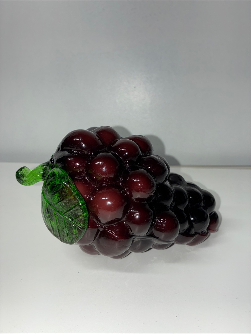 Vintage Handmade Blown Glass Grapes Bunch Deep Purple with Green Leaf